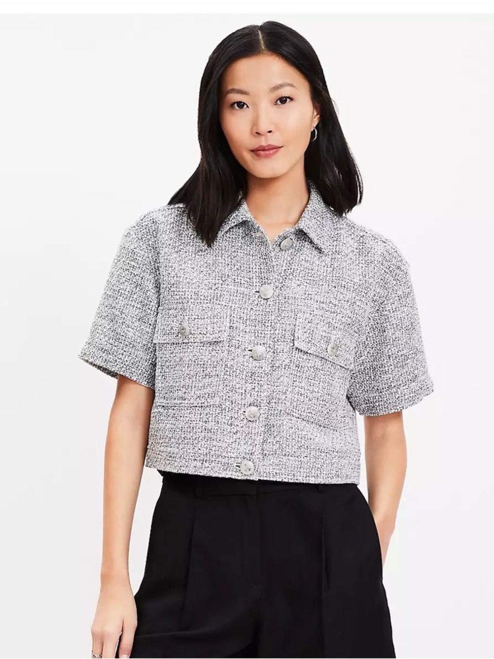 Loft Cropped Short Sleeve Summer Tweed Button Jacket, Small